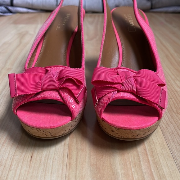 Sperry Pink Sequin Open Toe Cork Wedge Sandal Size 9.5 - Picture 2 of 6